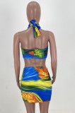 Summer Party Print Sexy Knotted Bandeau Top and Lace Up Skirt 2PC Set