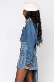 Autumn Blue Denim Cut Out Damaged Short Jacket with Full Sleeves