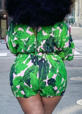 Summer Plus Size Print Green Casual Rompers