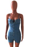 Summer Casual Blue Button Up Strap Denim Rompers