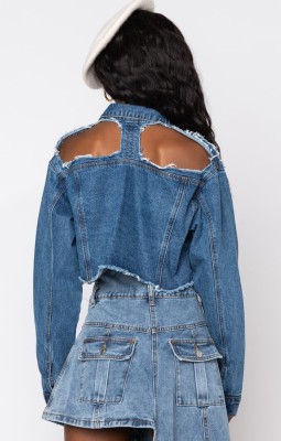 Autumn Blue Denim Cut Out Damaged Short Jacket with Full Sleeves