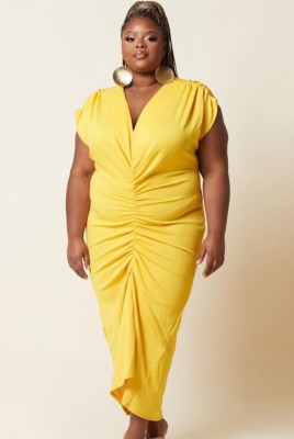 Summer Plus Size Formal Yellow V Neck Ruched Midi Dress