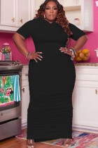 Summer Plus Size Black Ruched Hoodie Long Dress
