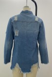 Autumn Blue Denim Ripped Damaged Long Jacket with Full Sleeves