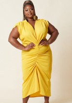 Summer Plus Size Formal Yellow V Neck Ruched Midi Dress