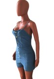 Summer Casual Blue Button Up Strap Denim Rompers