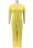 Summer Plus Size Casual Yellow O Neck Loose Jumpsuit