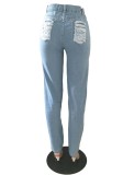 Summer Blue Cut Out Damaged High Waisted Jeans