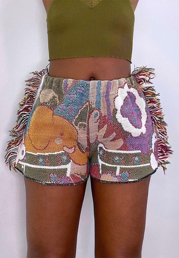 Autumn Casual Print Tassels Shorts