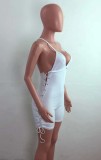 Summer White Sexy Lace Up Ribbed Strap Bodycon Rompers