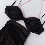 Summer Black Sexy Strap Ruched Midi Dress