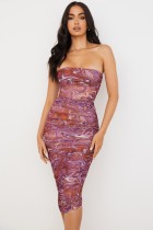 Summer Print Sexy Strapless Ruched Midi Dress