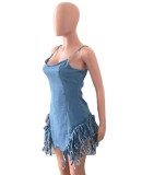Summer Blue Tassels Denim Strap Bodycon Dress