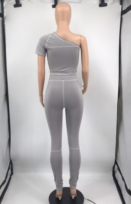 Summer Party Sexy Grey One Shoulder Top and Pants 2PC Set