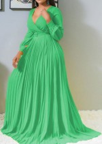 Autumn Formal Green Long Sleeves V-Neck Pleated Maxi Dress without Belt