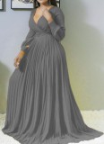 Autumn Formal Grey Long Sleeves V-Neck Pleated Maxi Dress without Belt