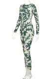 Autumn Party Print Green Midi Dress with Full Sleeves