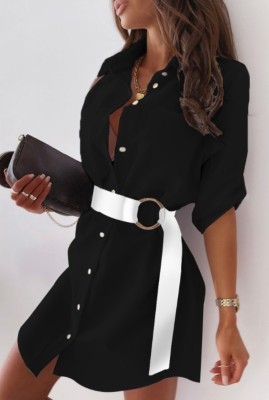 Summer Casual Black Short Blouse Dress with Contrast Belt
