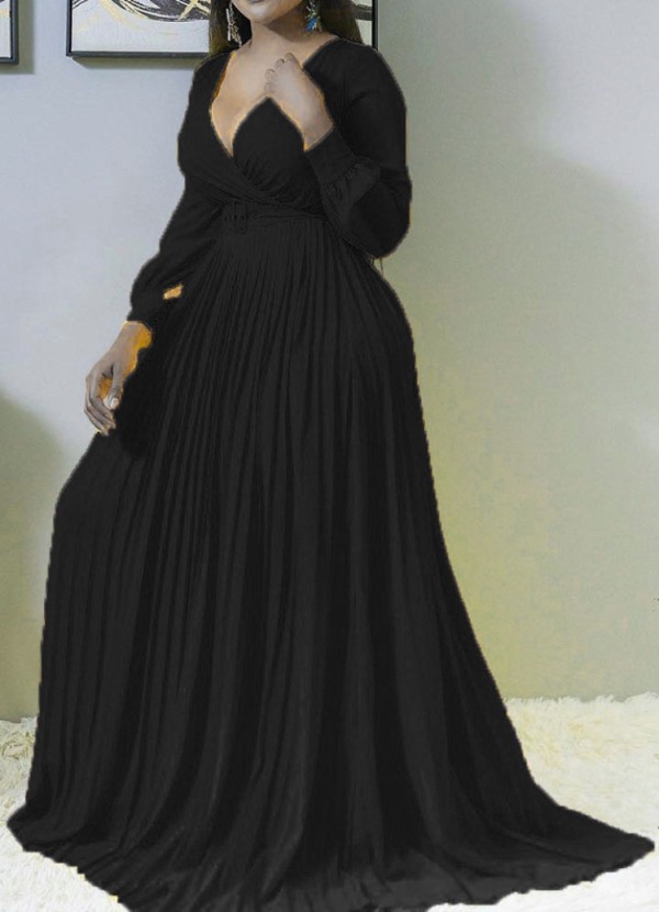 Autumn Formal Black Long Sleeves V-Neck Pleated Maxi Dress without Belt