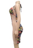 Summer Party Print Patch Sexy Strap Bodycon Dress