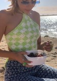 Summer White and Green Knit Irregular Halter Beach Top