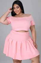 Summer Plus Size Pink Off Shoulder Crop Top and Pleated Skirt 2PC Set