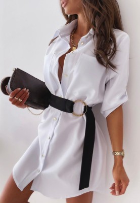 Summer Casual White Short Blouse Dress with Contrast Belt