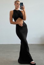 Summer Party Sexy Black Cut Out Sleeveless Long Evening Dress