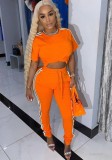 Summer Casual Orange Crop Top and Matching Sweatpants 2PC Set