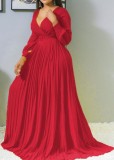 Autumn Formal Red Long Sleeves V-Neck Pleated Maxi Dress without Belt