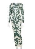 Autumn Party Print Green Midi Dress with Full Sleeves