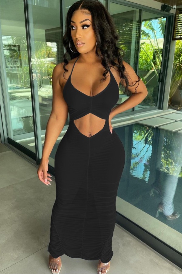 Summer Party Black Sexy Cut Out Halter Long Dress