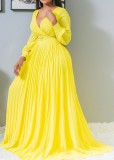 Autumn Formal Yellow Long Sleeves V-Neck Pleated Maxi Dress without Belt