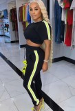 Summer Casual Black Crop Top and Matching Sweatpants 2PC Set