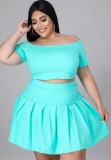 Summer Plus Size Green Off Shoulder Crop Top and Pleated Skirt 2PC Set