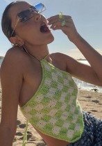 Summer White and Green Knit Irregular Halter Beach Top