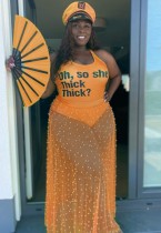 Summer Plus Size Orange Sexy Print Bodysuit and Beaded Mesh Skirt 2PC Set