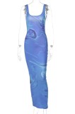 Summer Party Blue Print Sexy Fitted Long Tank Dress