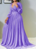 Autumn Formal Purple Long Sleeves V-Neck Pleated Maxi Dress without Belt