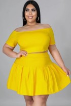 Summer Plus Size Yellow Off Shoulder Crop Top and Pleated Skirt 2PC Set