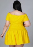 Summer Plus Size Yellow Off Shoulder Crop Top and Pleated Skirt 2PC Set