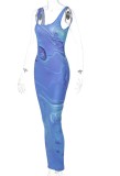 Summer Party Blue Print Sexy Fitted Long Tank Dress