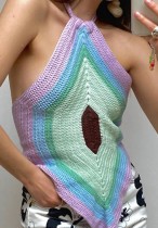 Summer Rainbow Knit Irregular Halter Beach Top