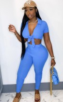 Summer Party Sexy Blue Knotted Crop Top and Pants Set