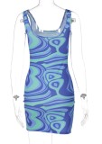 Summer Print Blue Casual Fitted Tank Dress