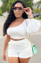 Summer Party White One Shoulder Crop Top and Shorts Set