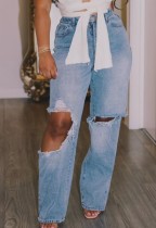 Summer Casual Blue Cut Out Damaged High Waist Jeans