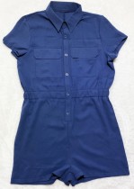 Summer Casual Blue Short Sleeves Cargo Rompers
