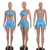 Summer Party Print Blue Halter Bra and Strings Shorts Set