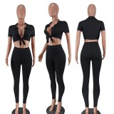 Summer Party Sexy Black Knotted Crop Top and Pants Set